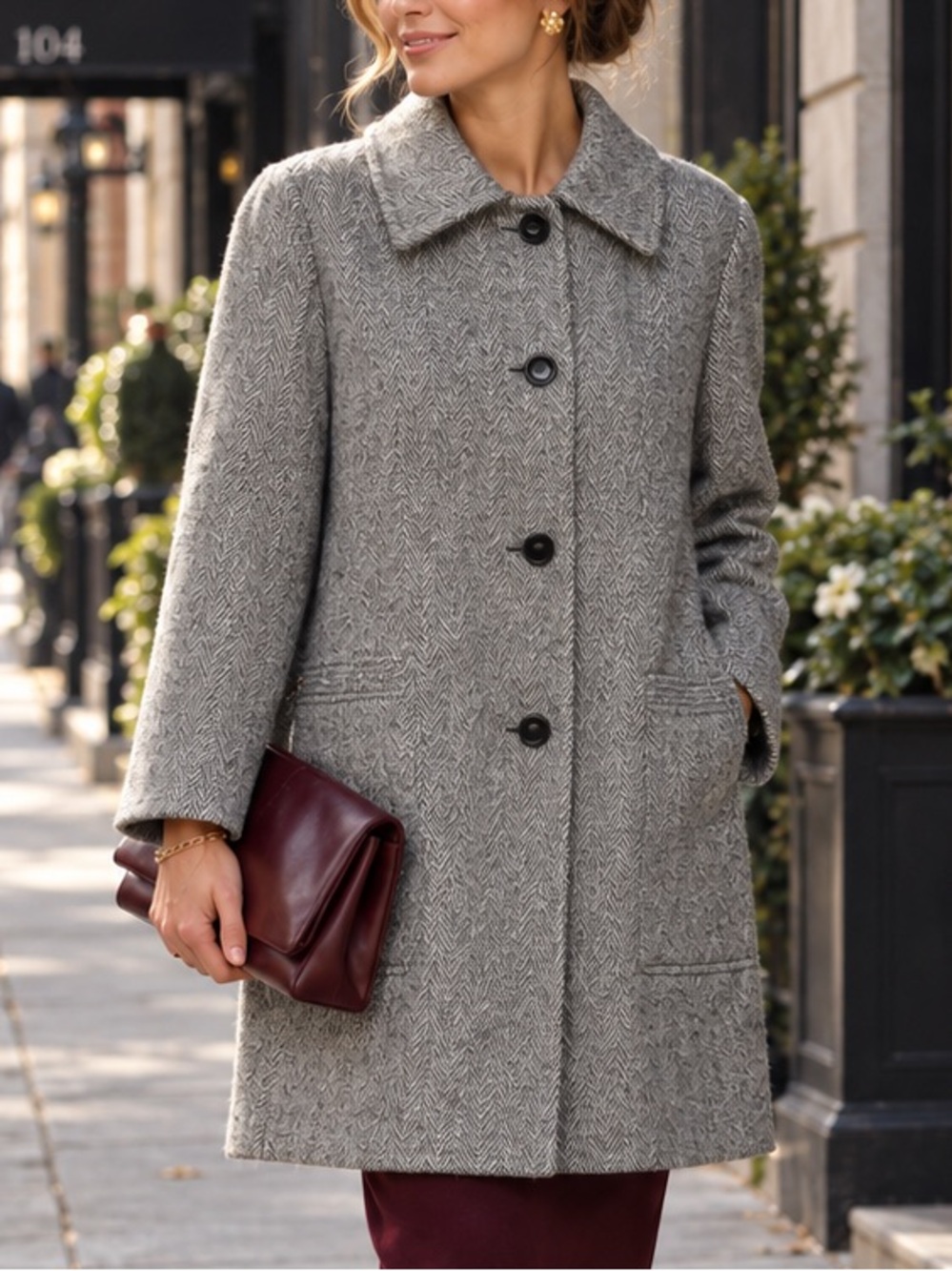 Vintage 80s Wool Car Coat Sy’s Place by Herman Kay Grey Herringbone  L/XL